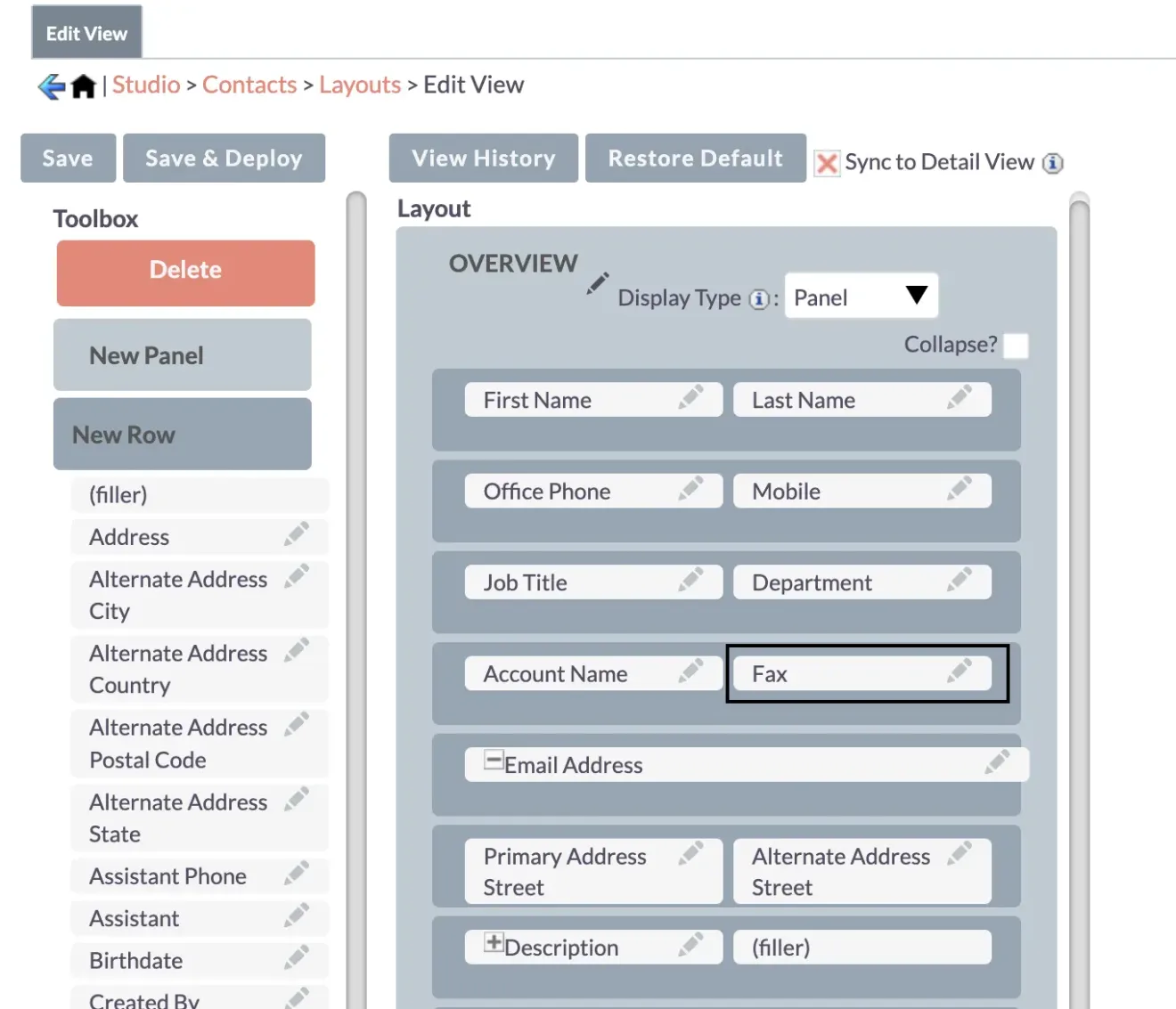 SuiteCRM Contacts edit view fax field