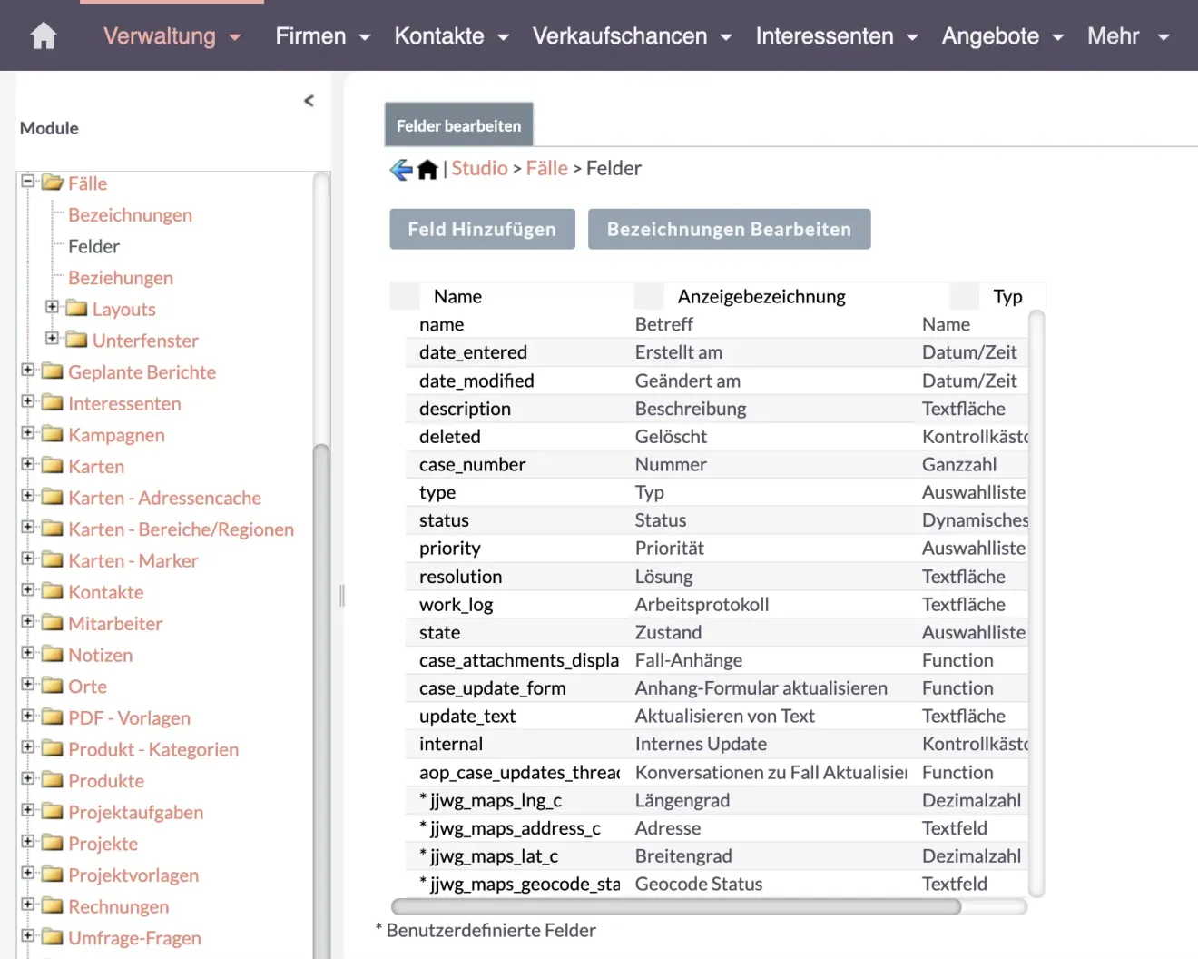 felder fuer suitecrm fälle