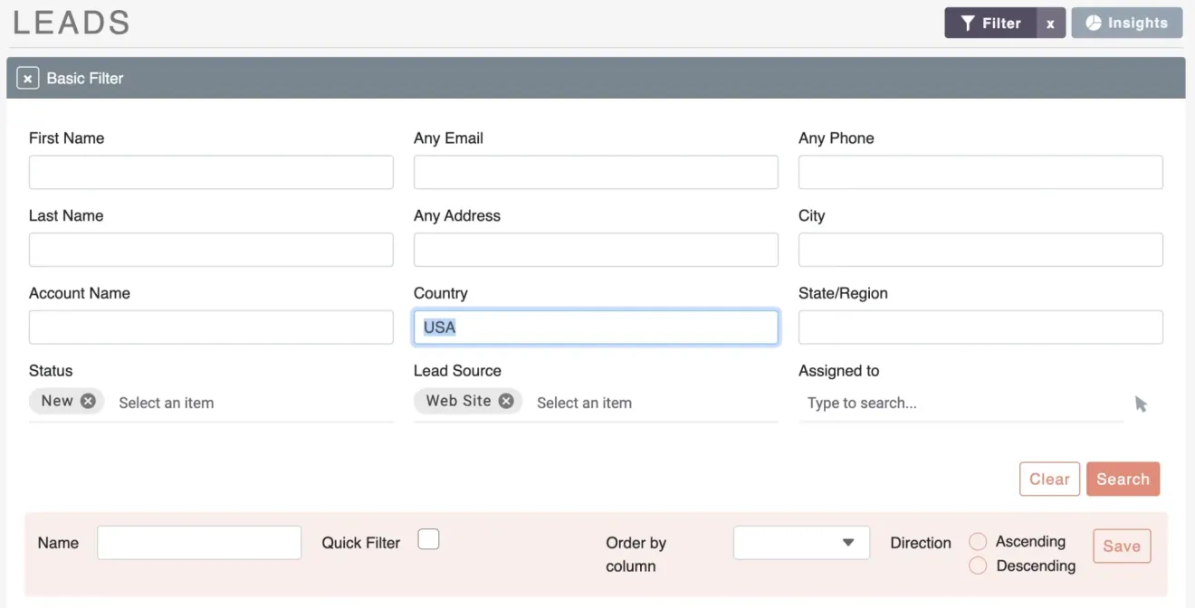 suitecrm filter country status and lead source
