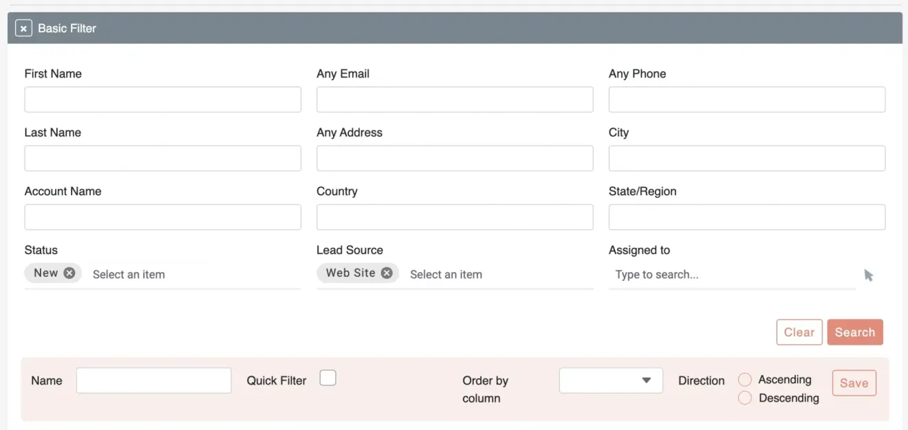 SuiteCRM Filter status and lead source
