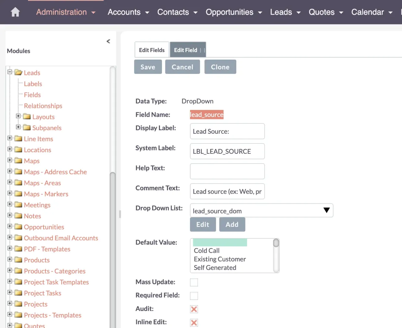 SuiteCRM lead source field name