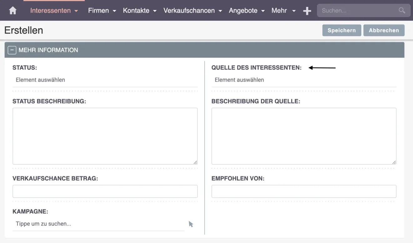 Quelle- des Interessenten dropdown felder
