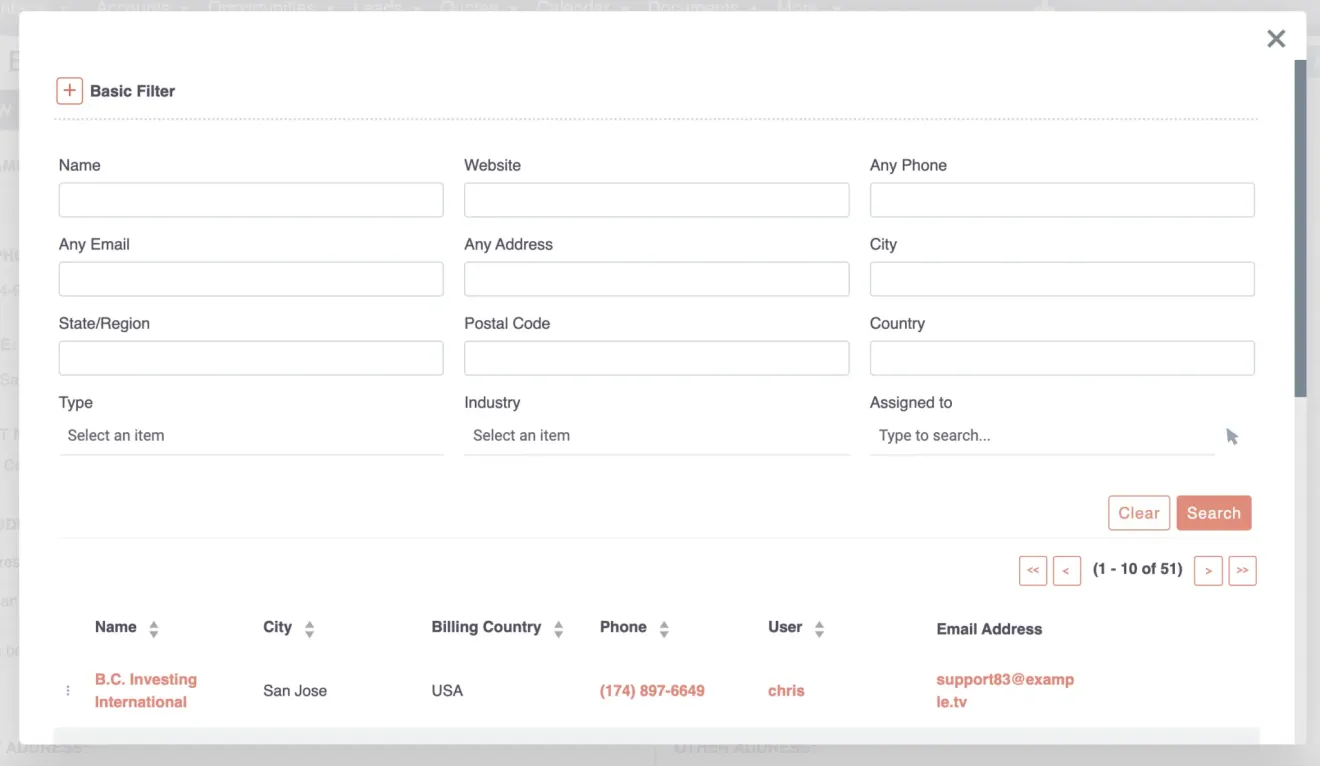 SuiteCRM search basic filter