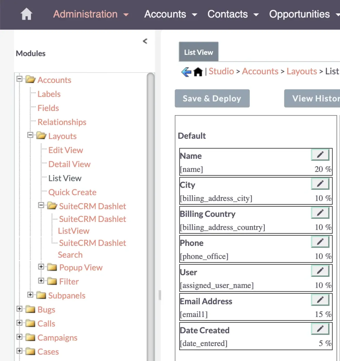SuiteCRM Accounts list view