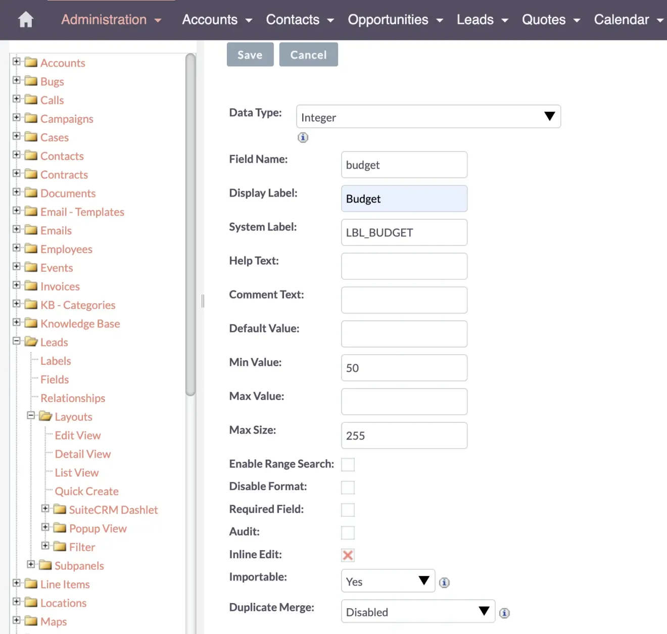 SuiteCRM adding an integer field