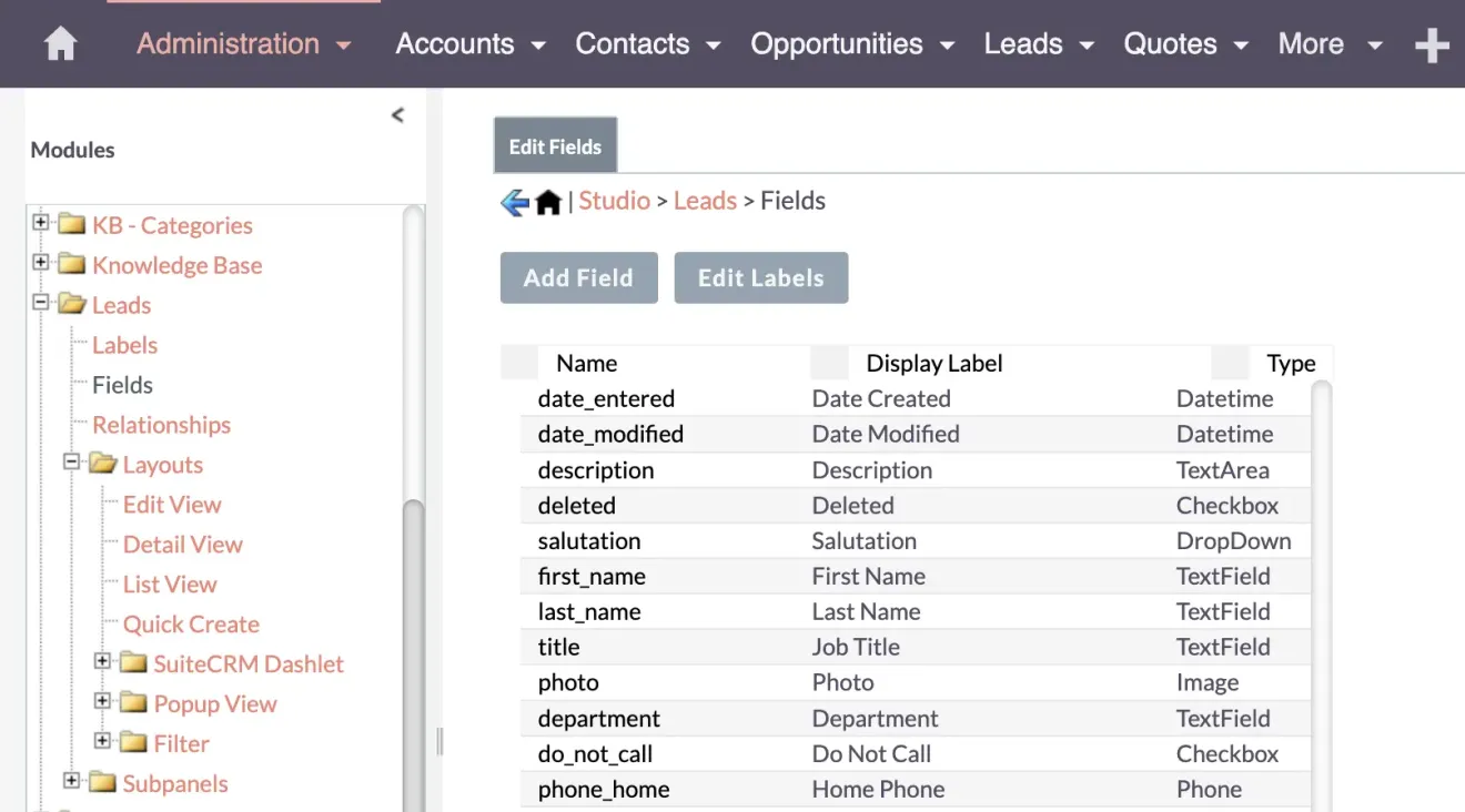 SuiteCRM Admin - Leads module fields