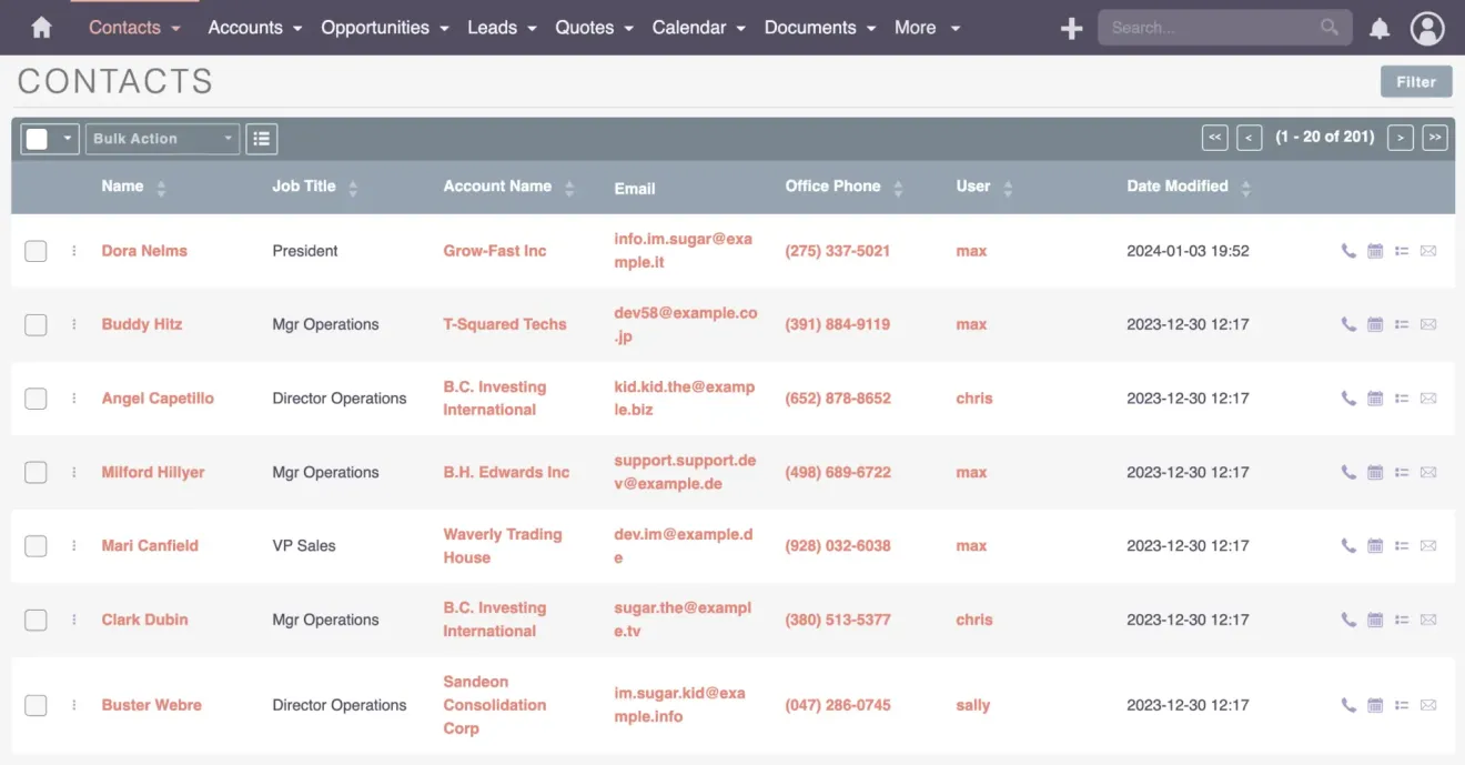 SuiteCRM contacts module list view