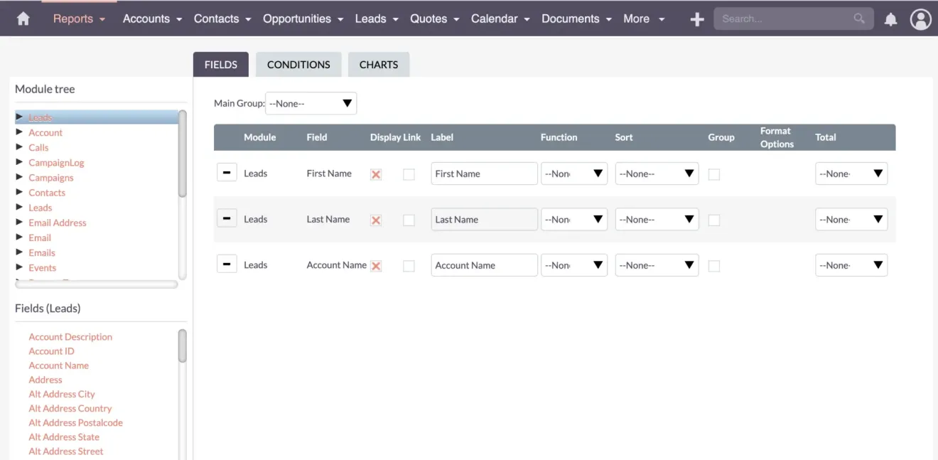 SuiteCRM Create Report Fields
