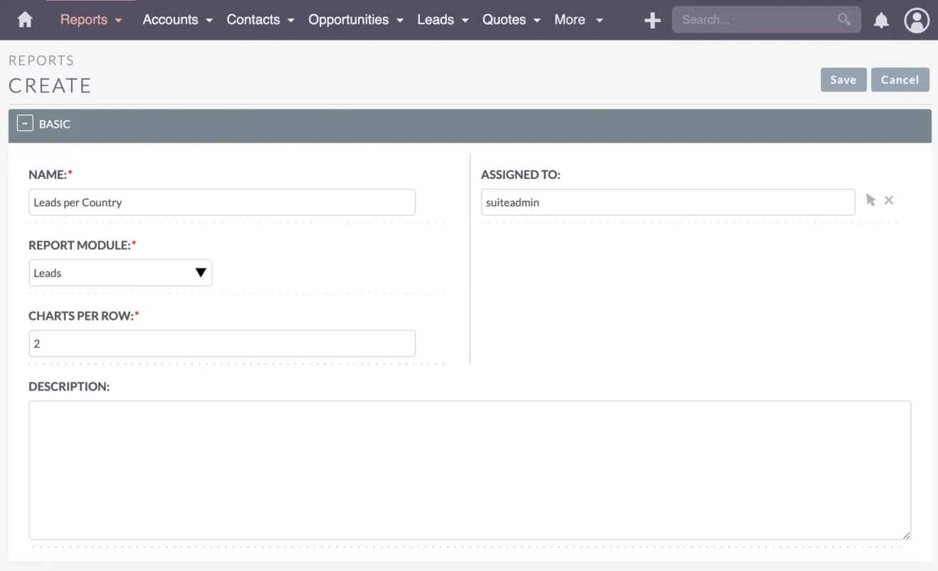 SuiteCRM create report leads per country