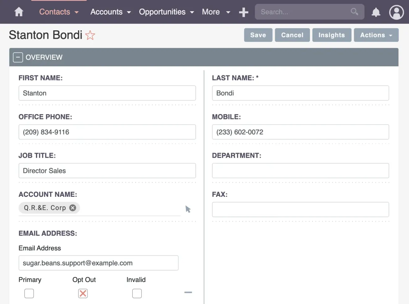 SuiteCRM edit view contacts front end