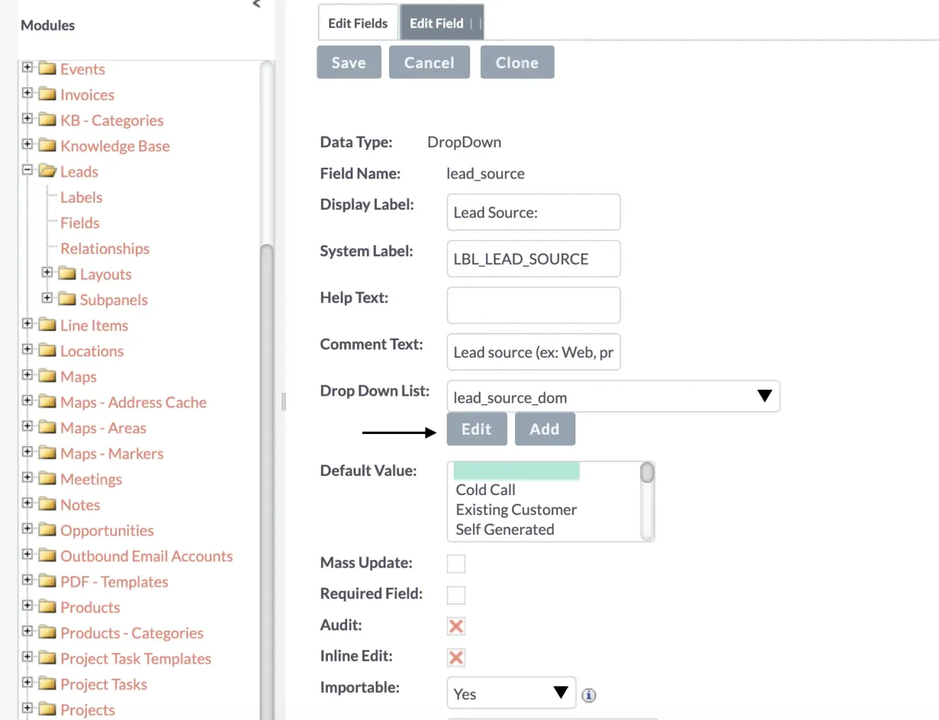 SuiteCRM edit dropdown list