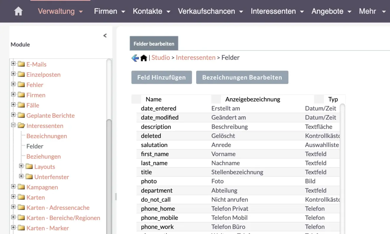 SuiteCRM felder im interessenten modul