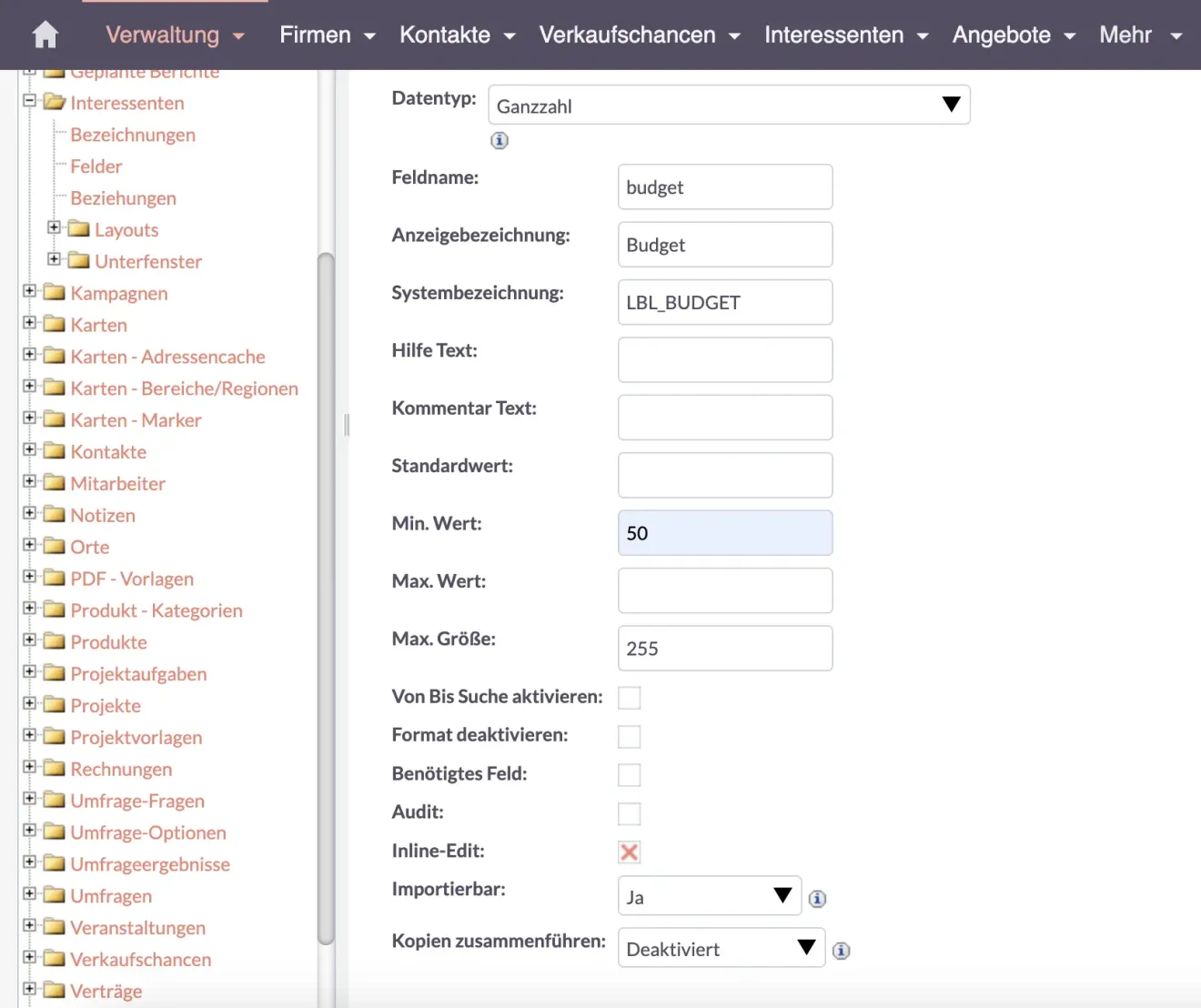 SuiteCRM fuegt ein ganzzahlfeld hinzu