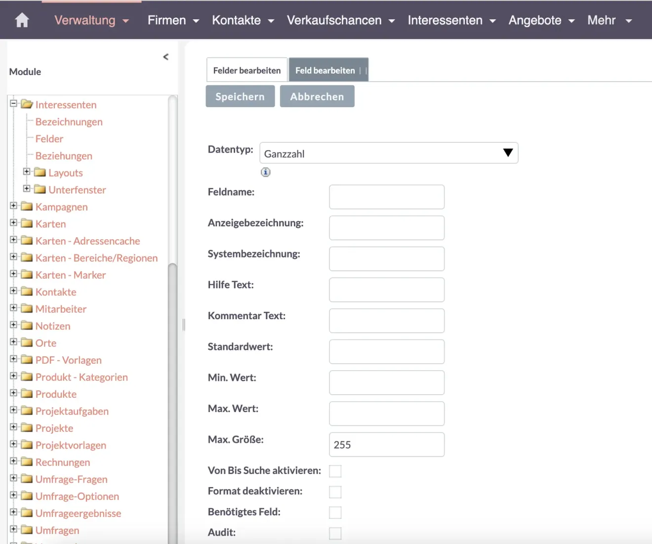 SuiteCRM ganzzahl oder integer feldern
