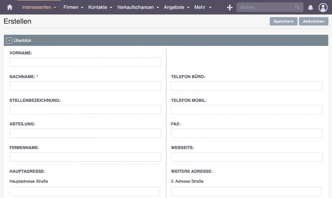 suitecrm neuer interessent