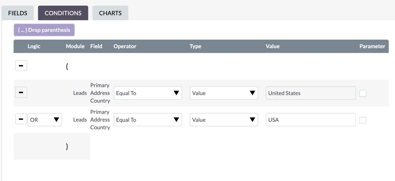 SuiteCRM report conditions OR operator