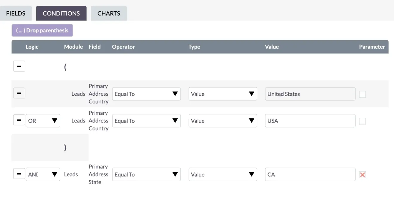 SuiteCRM Report Conditions Parameter