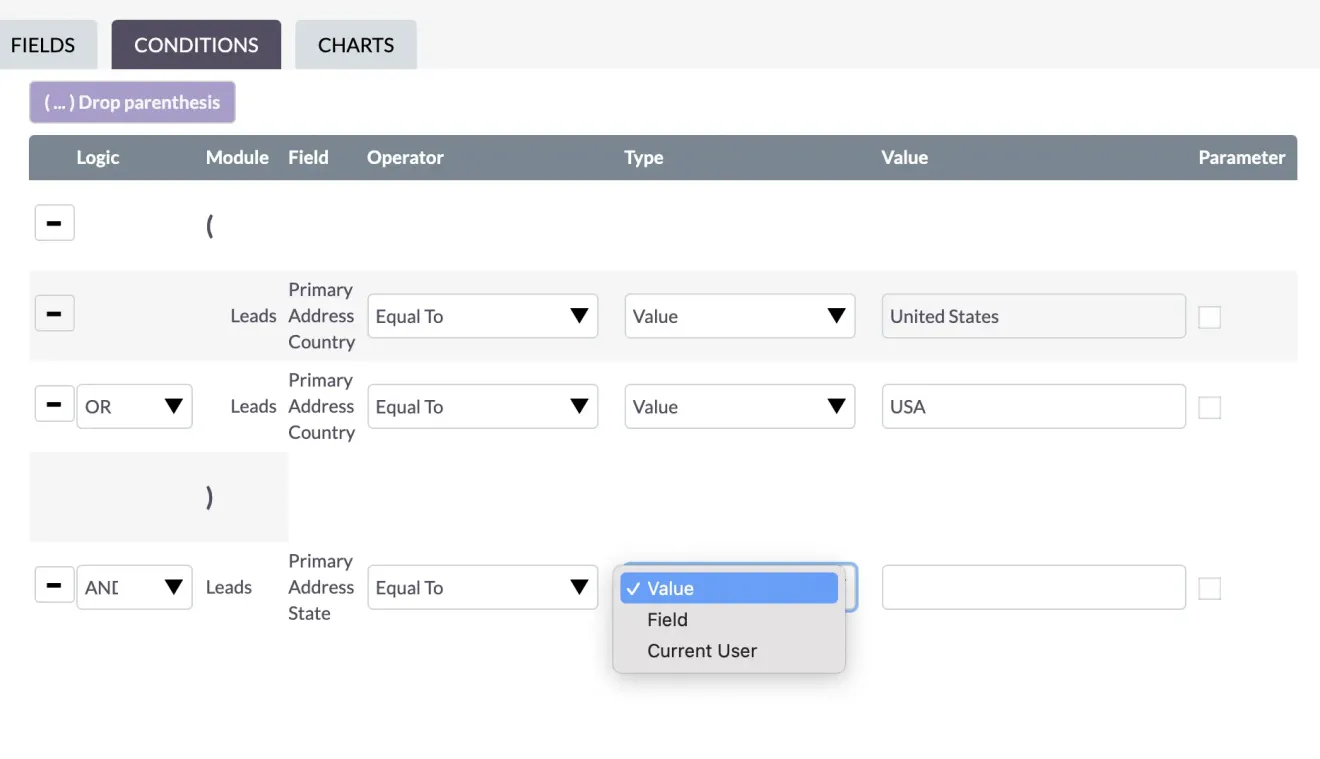 SuiteCRM Report Conditions Type