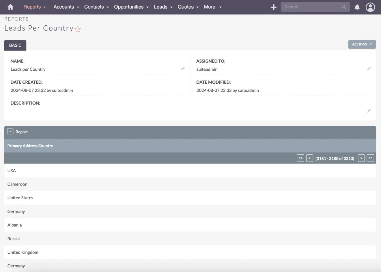 SuiteCRM Report leads per country