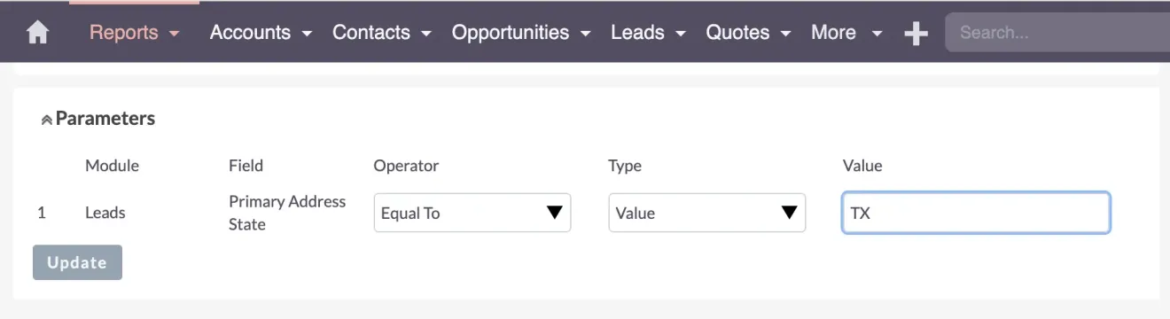 SuiteCRM Report Parameter