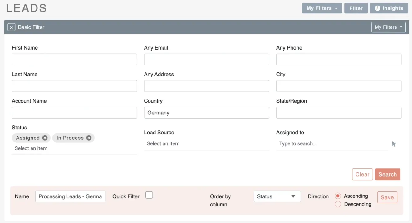 SuiteCRM saved filters processing leads