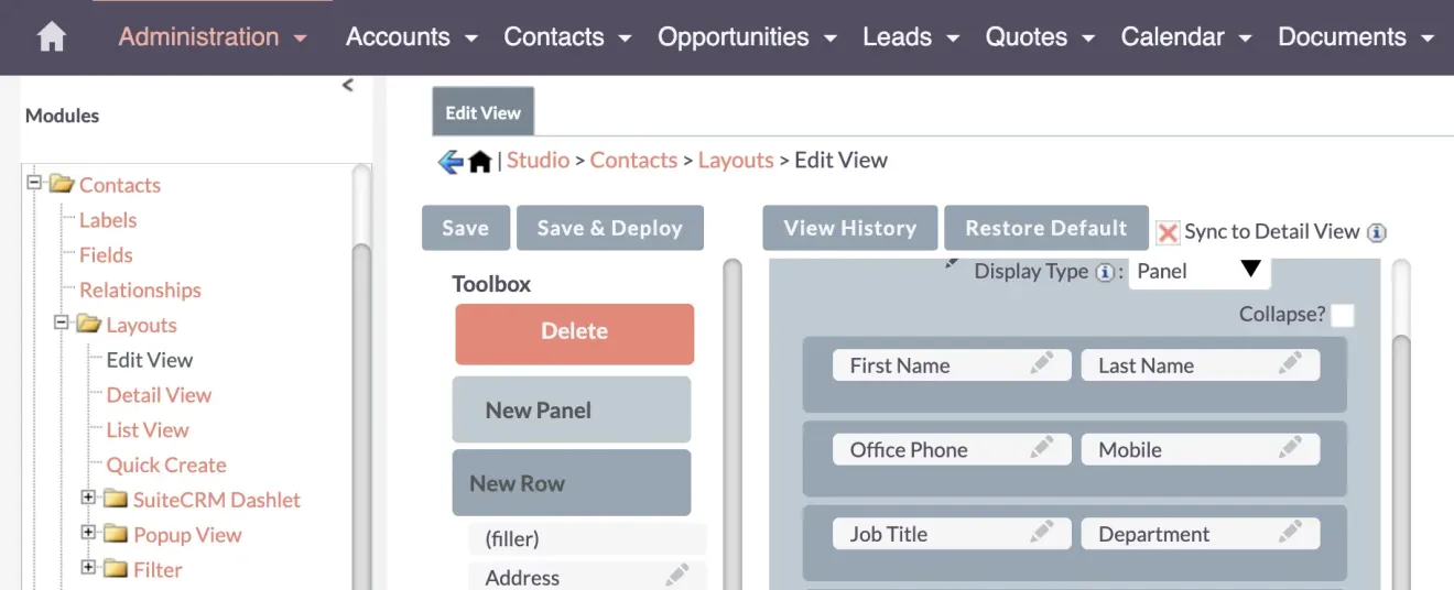SuiteCRM sync to detail view