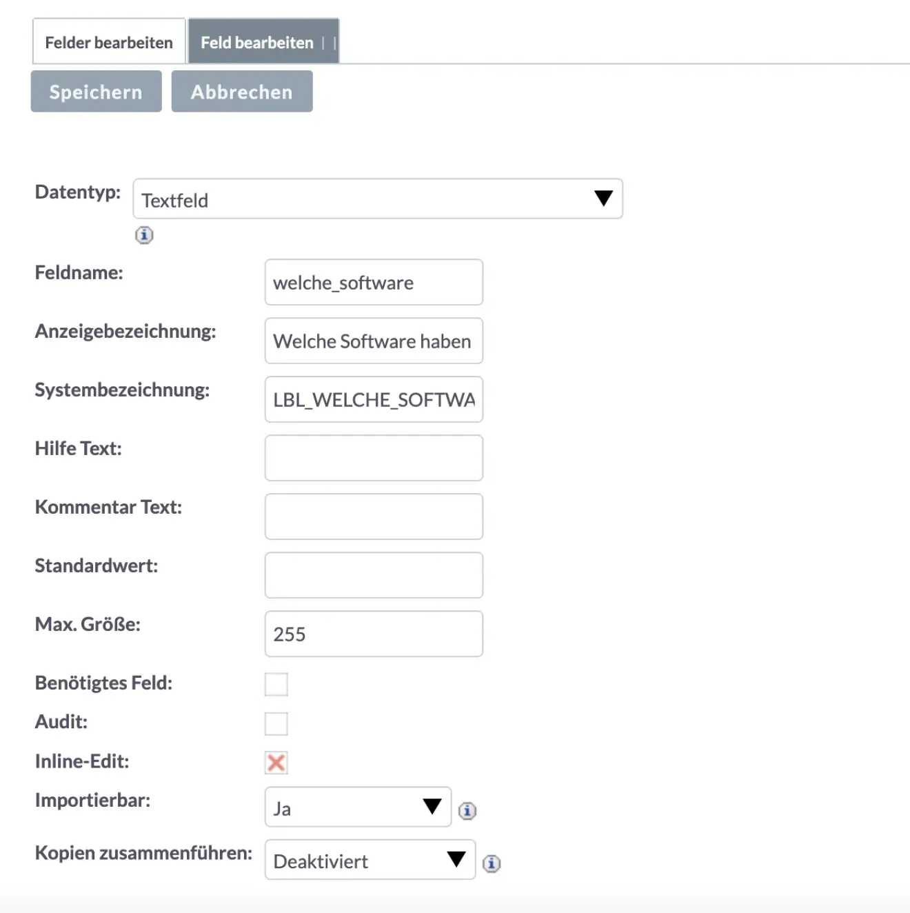 SuiteCRM Textfeldern anzeigebezeichnung