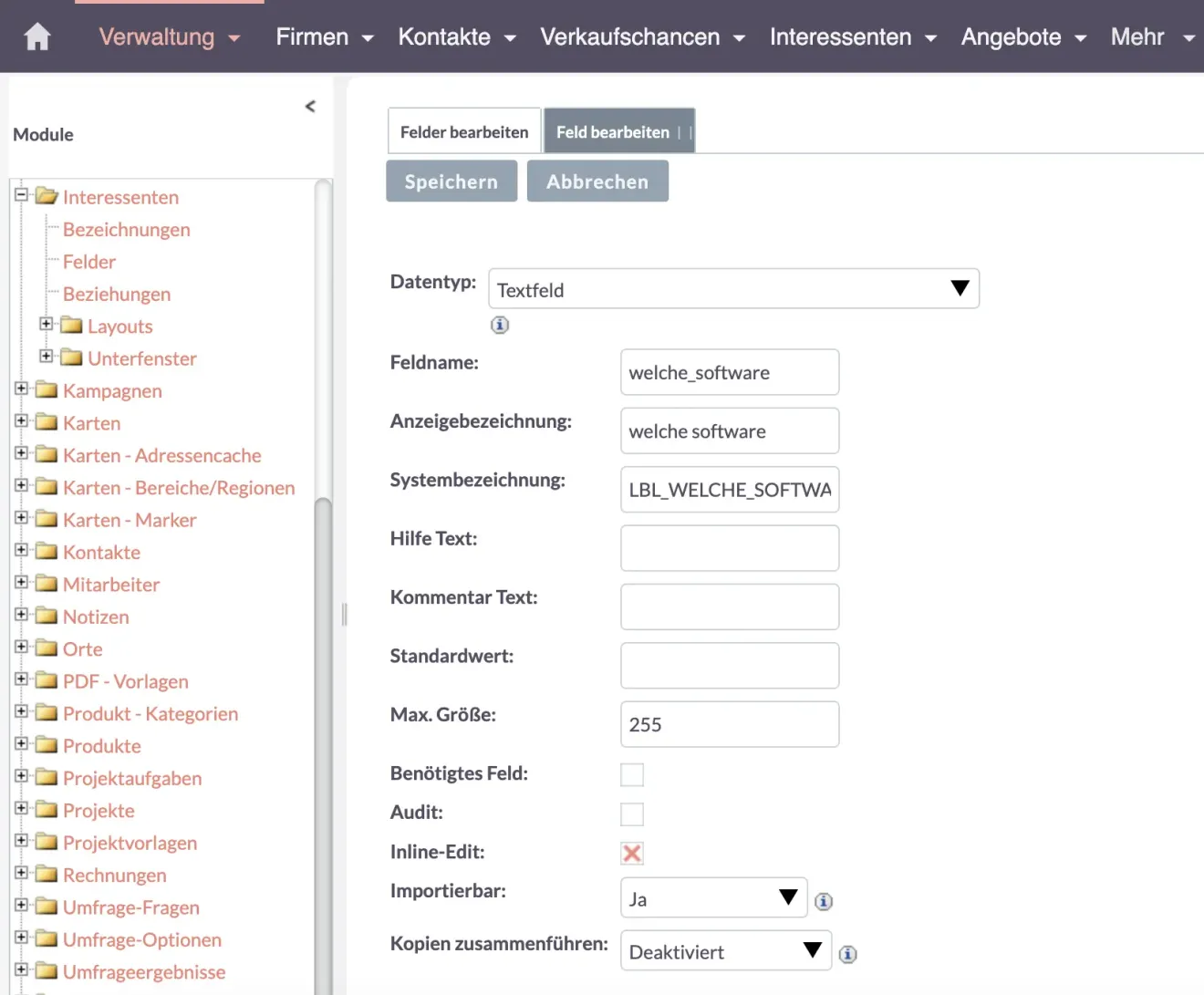 suitecrm textfeldern