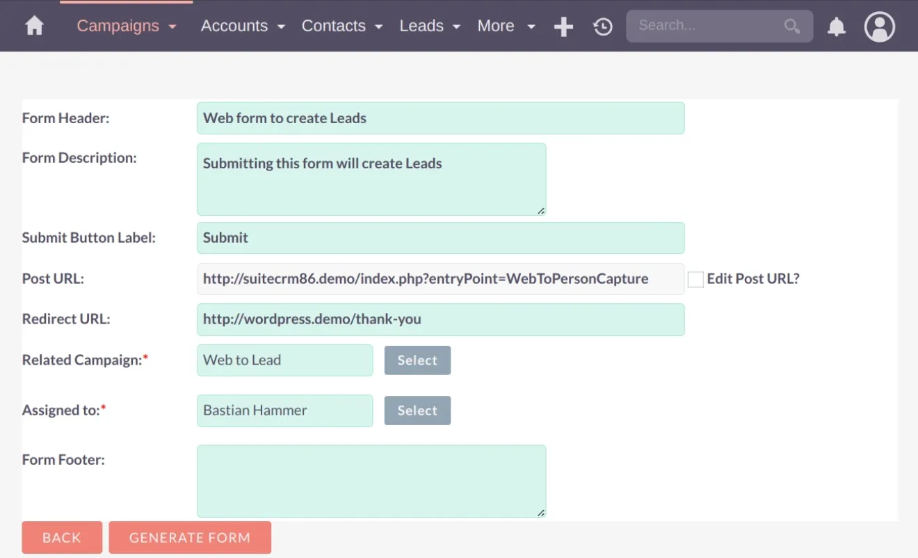suitecrm wordpress adding form header data
