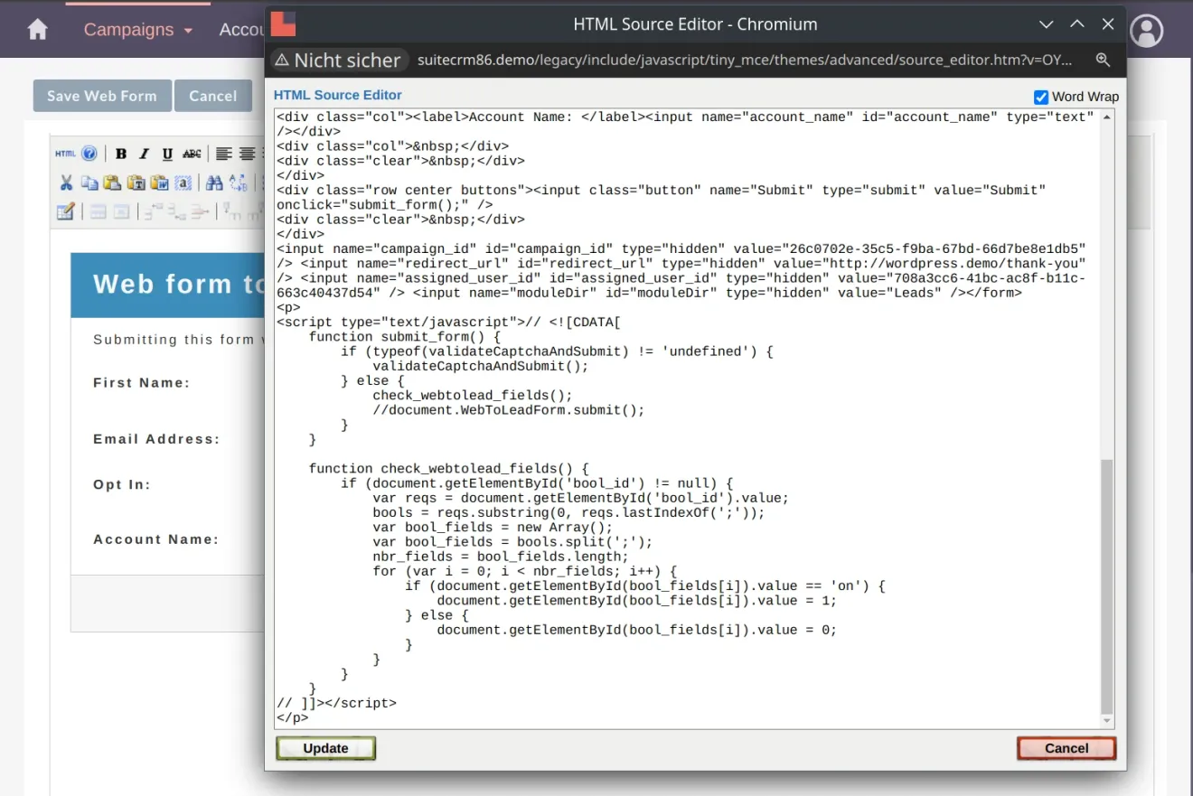 suitecrm wordpress copy forms html code