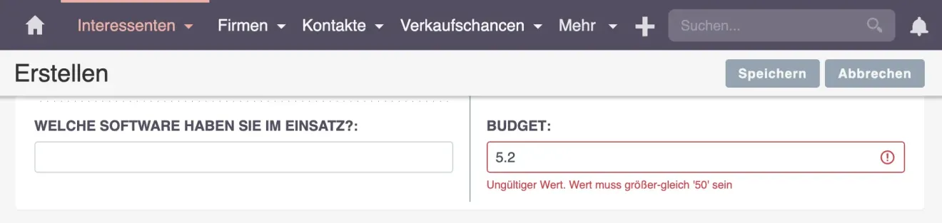 testen sie ein neues ganzzahlfeld