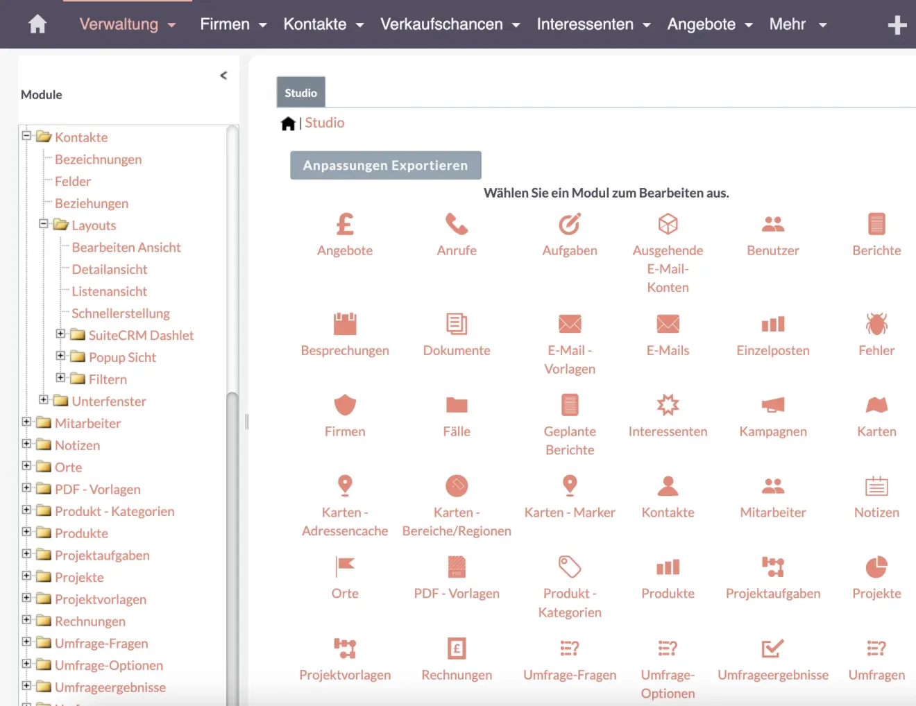 suitecrm admin studio kontakte