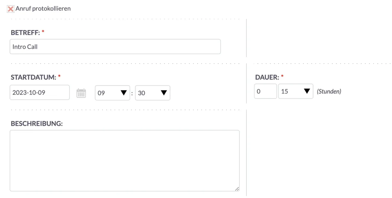 suitecrm anruf protokollieren