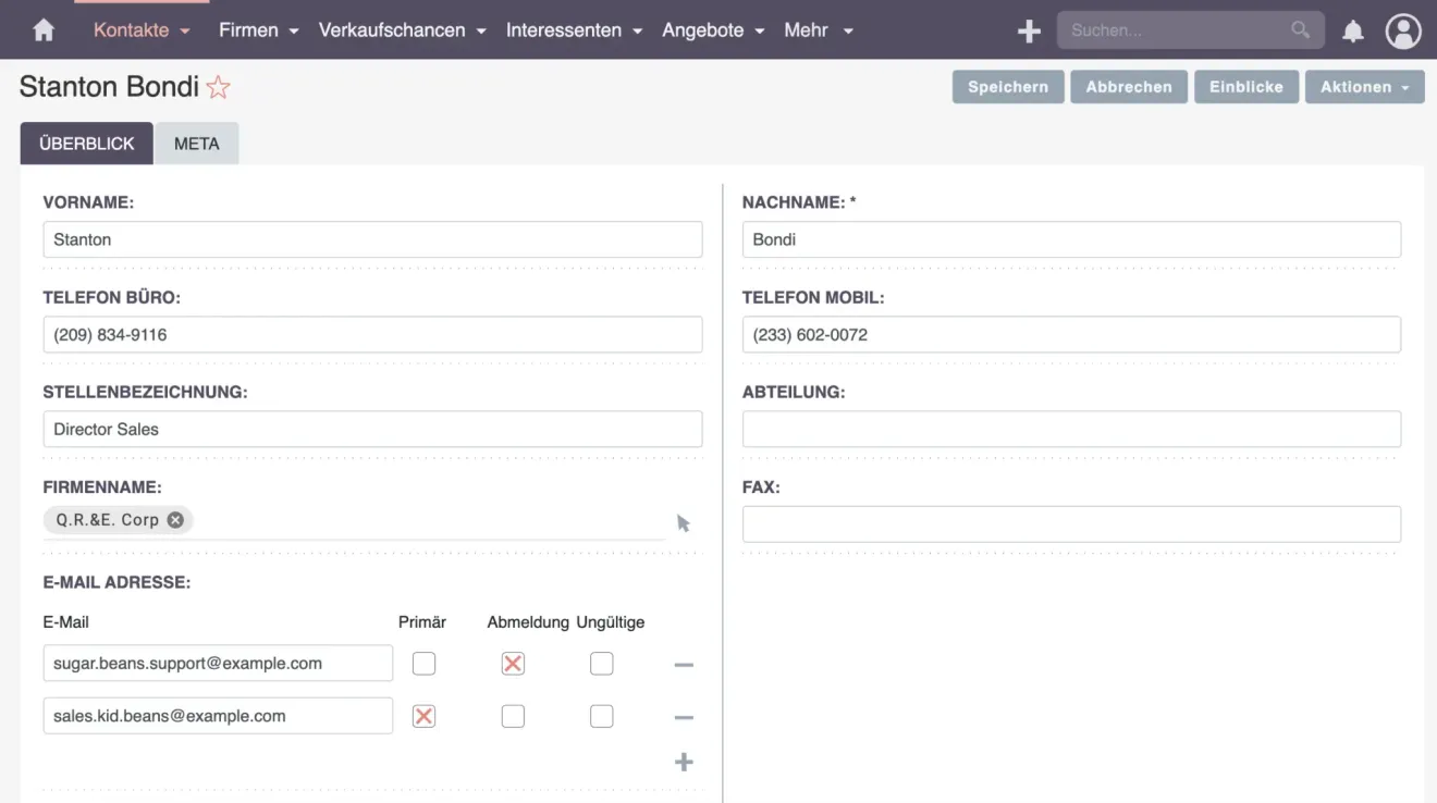 suitecrm bearbeiten ansicht kontakte frontend
