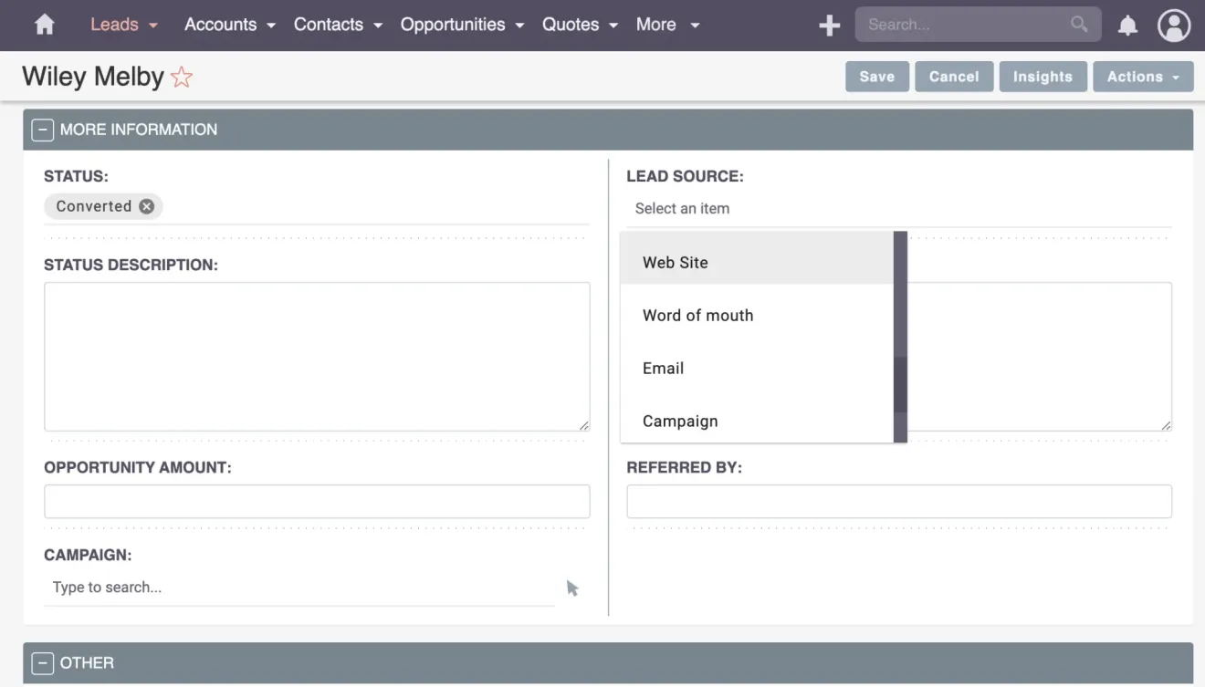 SuiteCRM Contacts edit lead source