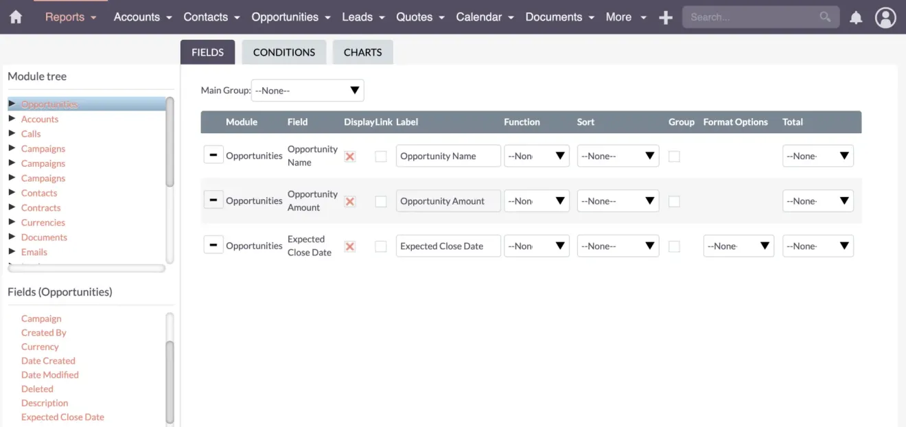 SuiteCRM create report select fields