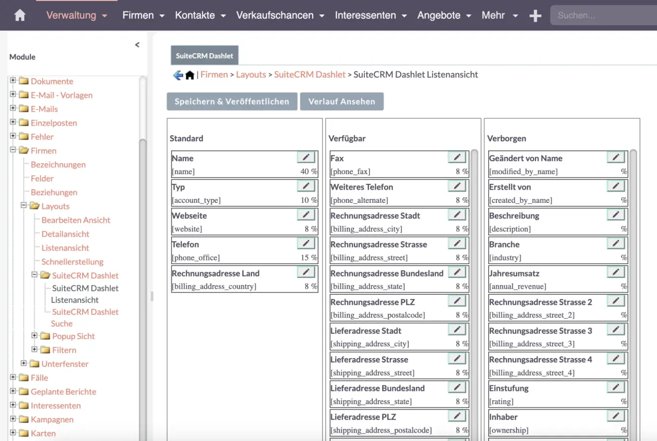 suitecrm dashlet listenansicht