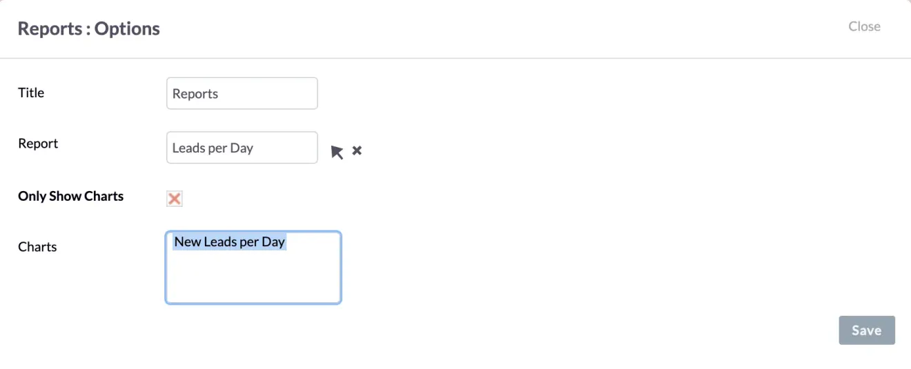 suitecrm dashlet reports options