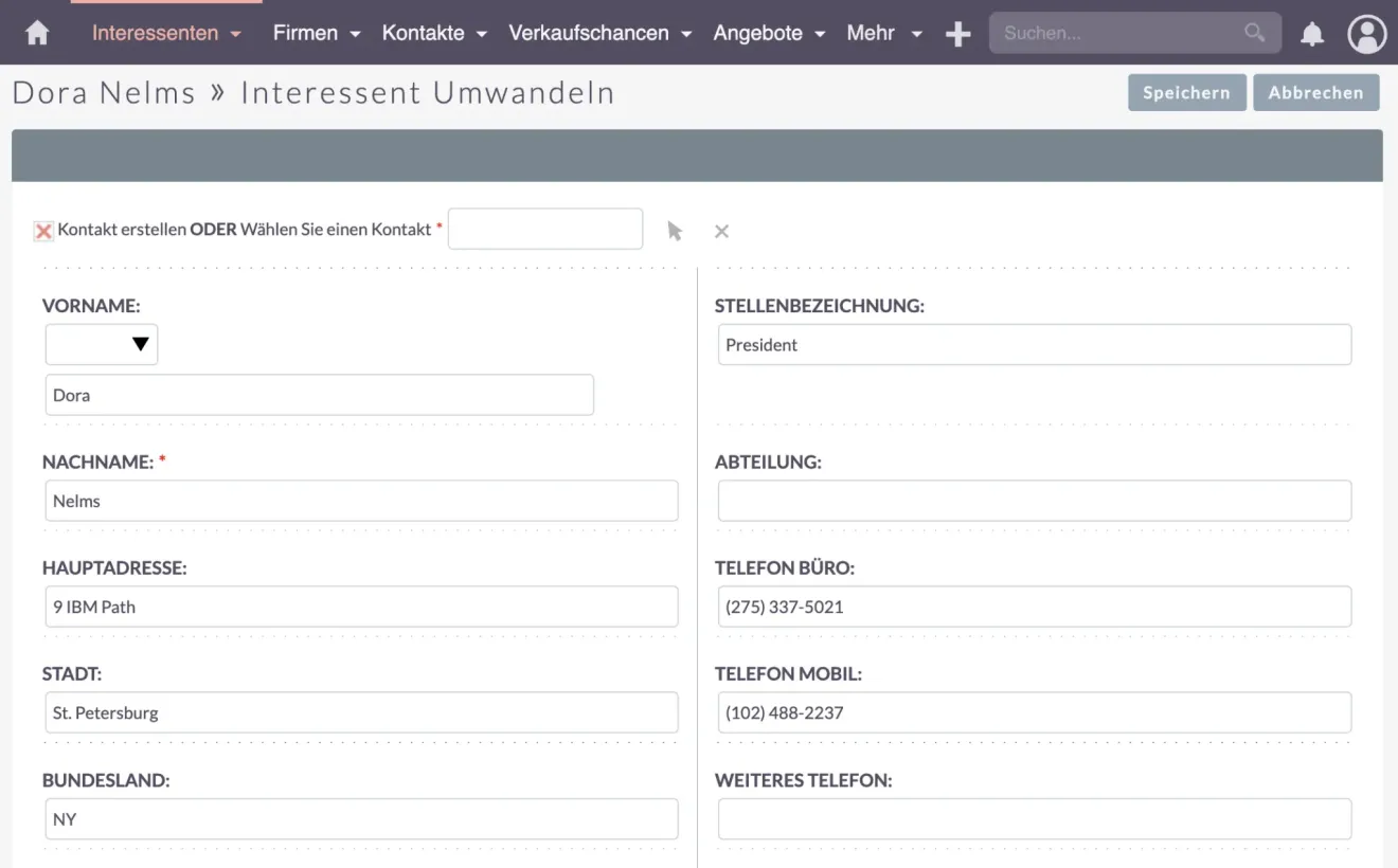 SuiteCRM Erstellen oder Auswählen eines Kontakts