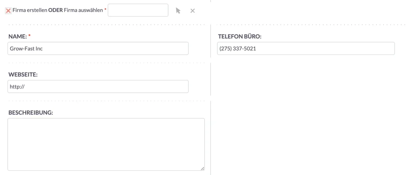 SuiteCRM Erstellen oder Auswählen eines Firma