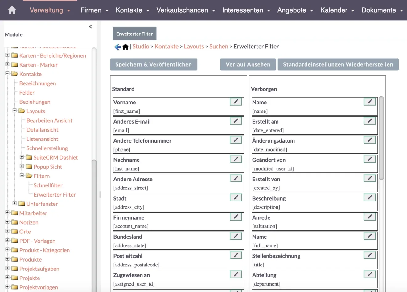 suitecrm erweiterter filter
