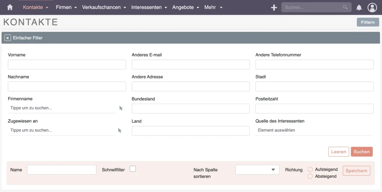 suitecrm filteransicht
