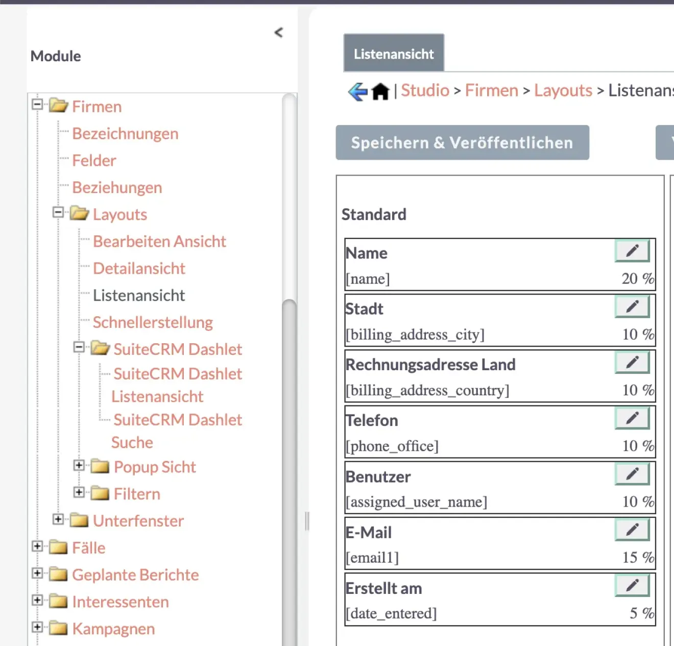 suitecrm firmen listenansicht