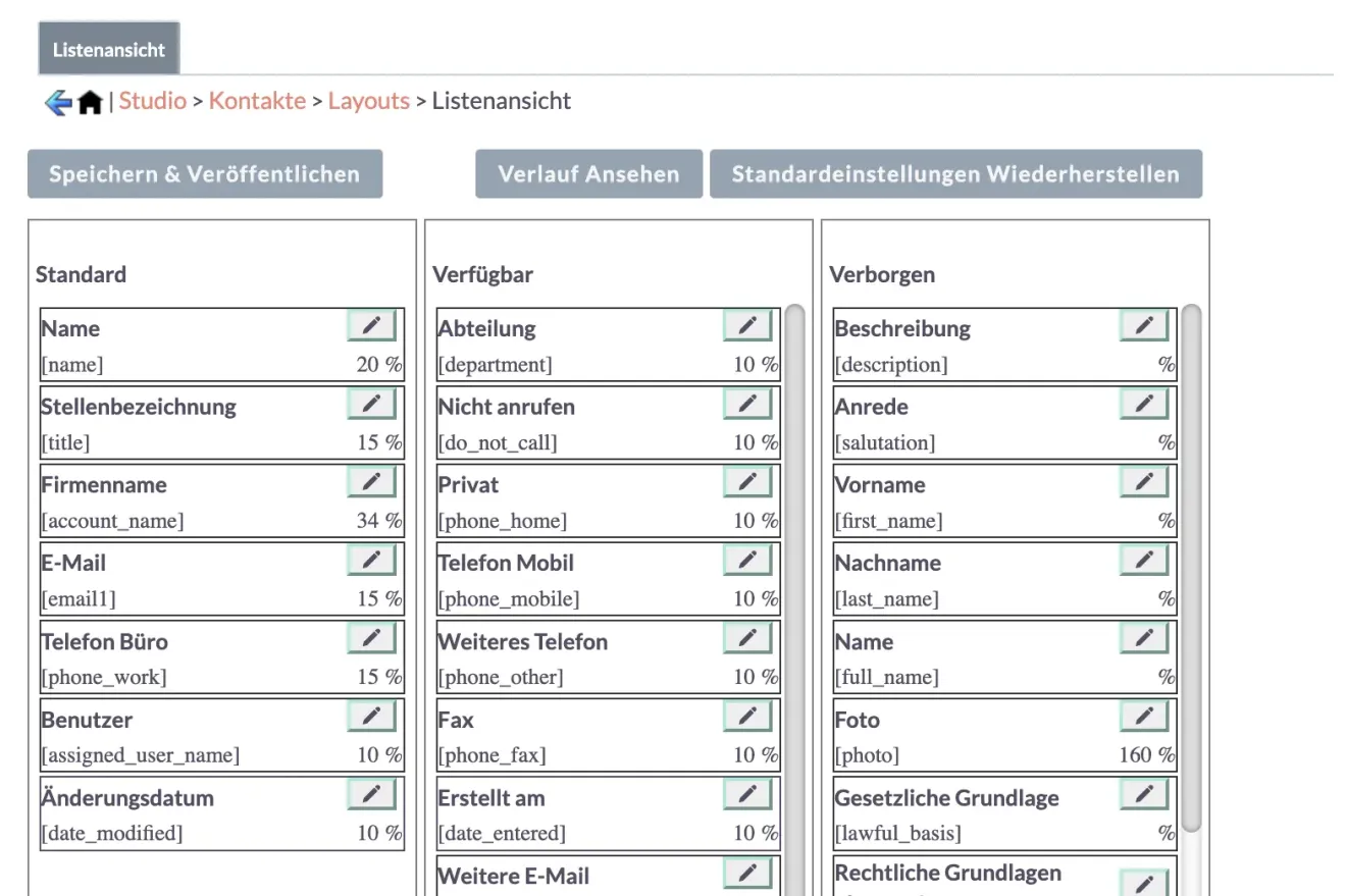 suitecrm listenansicht