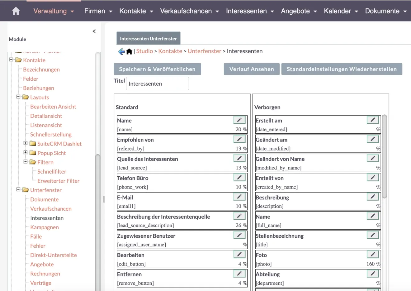 suitecrm interessenten unterfenster