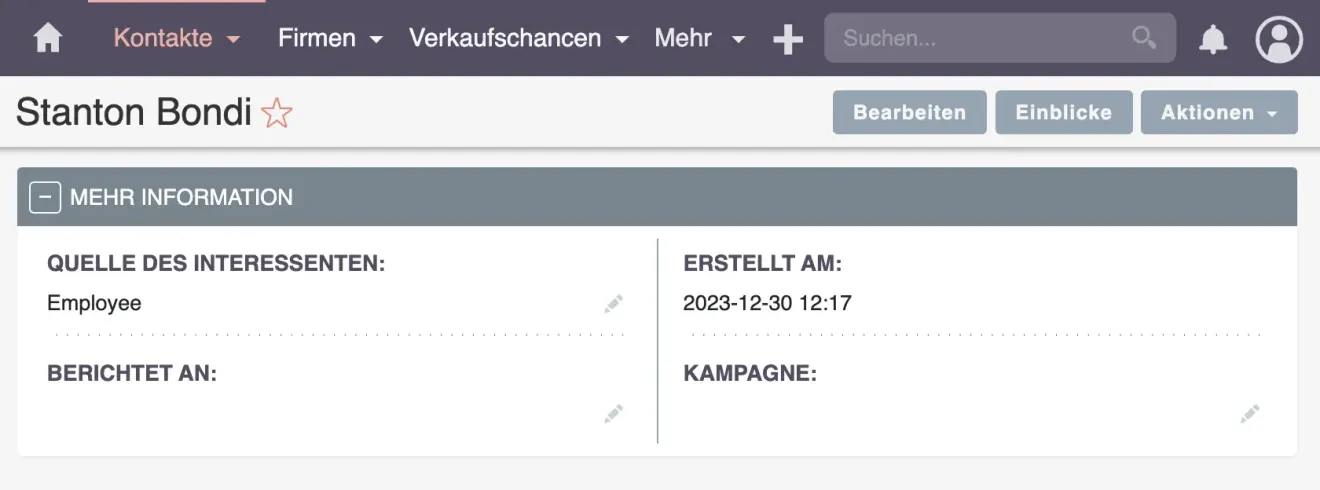 suitecrm kontakt feld erstellt am hinzufügen
