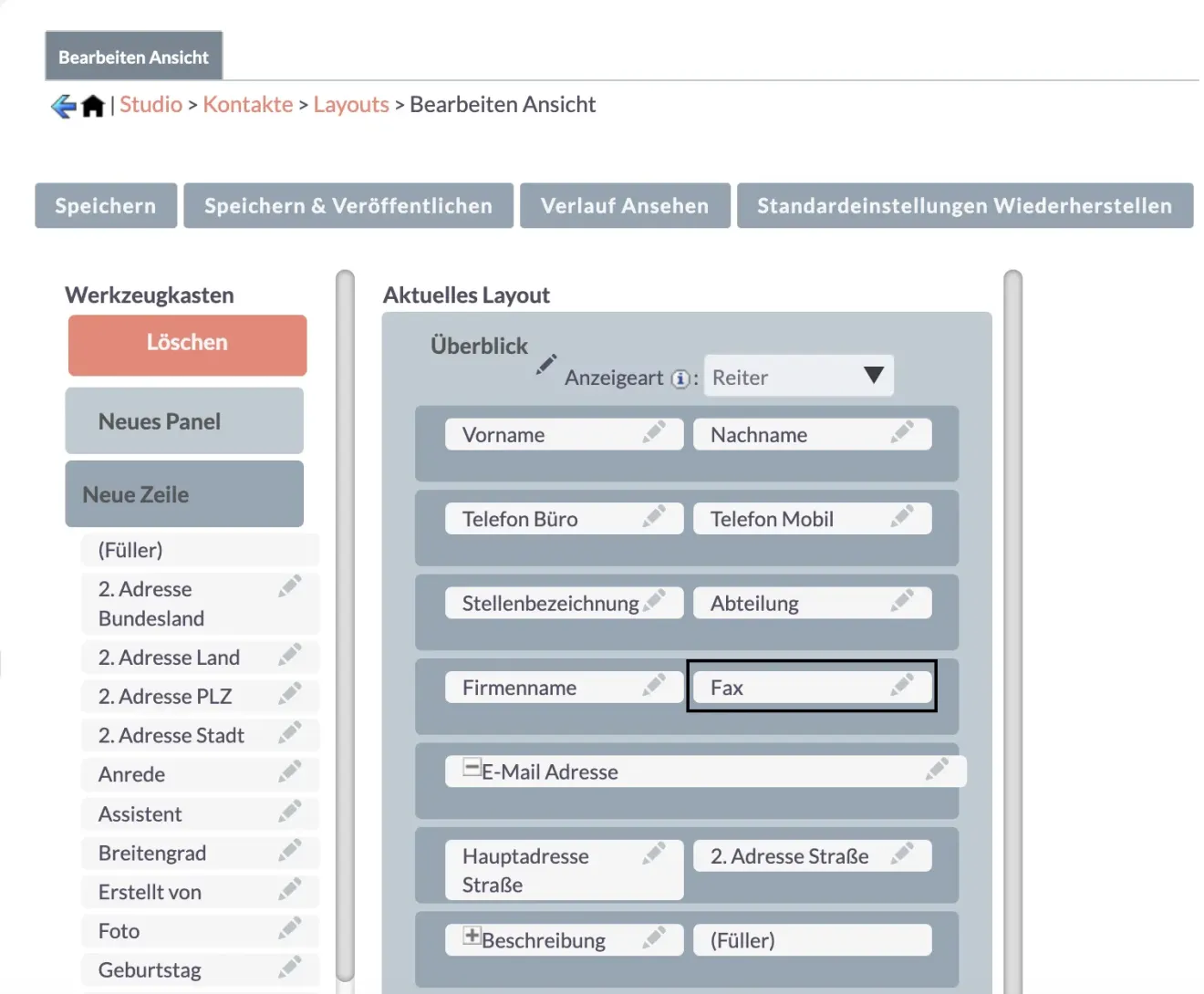 suitecrm kontakte bearbeiten ansicht feld fax