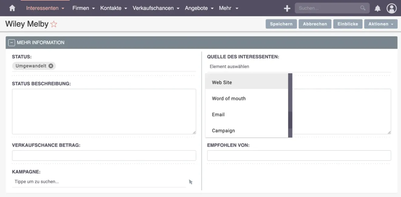suitecrm kontakte quelle des interessenten bearbeiten