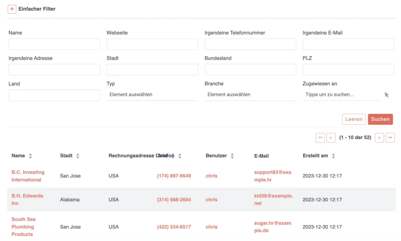 suitecrm kontakte suche nach firmennamen listenansicht