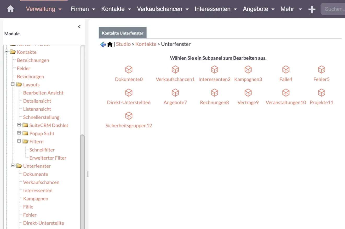 suitecrm kontakte unterfenster